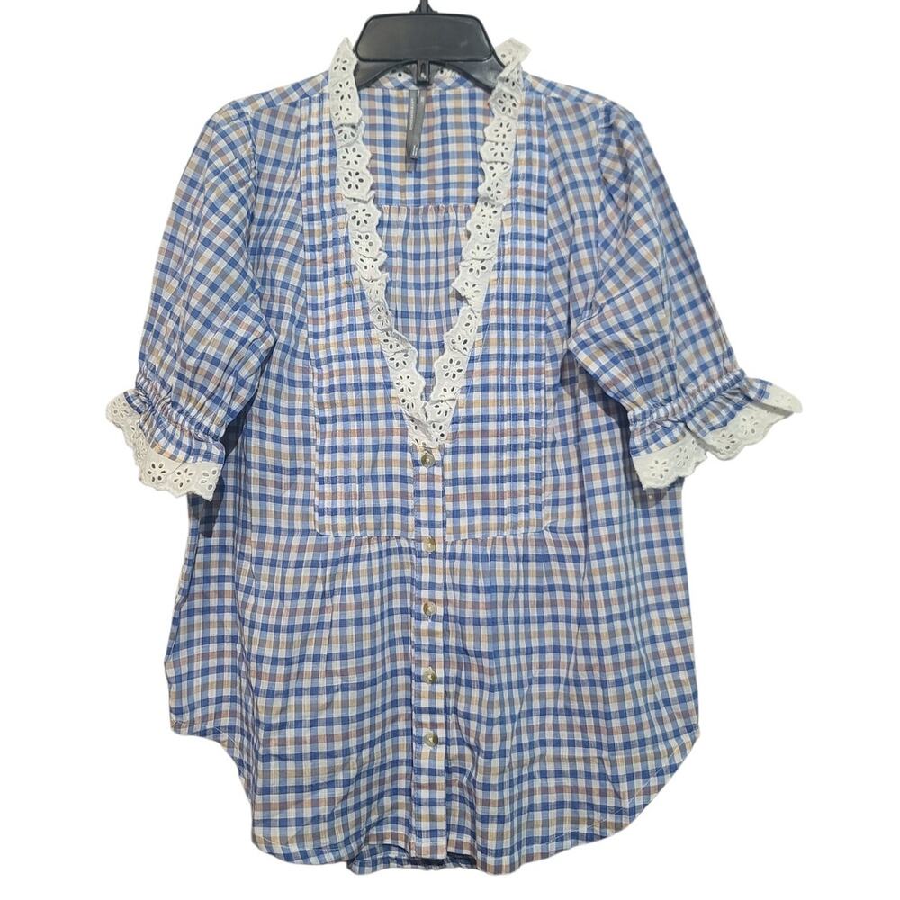 Anthropologie Eyelet-Trim Gingham Blouse Blue/Tan/White XXS